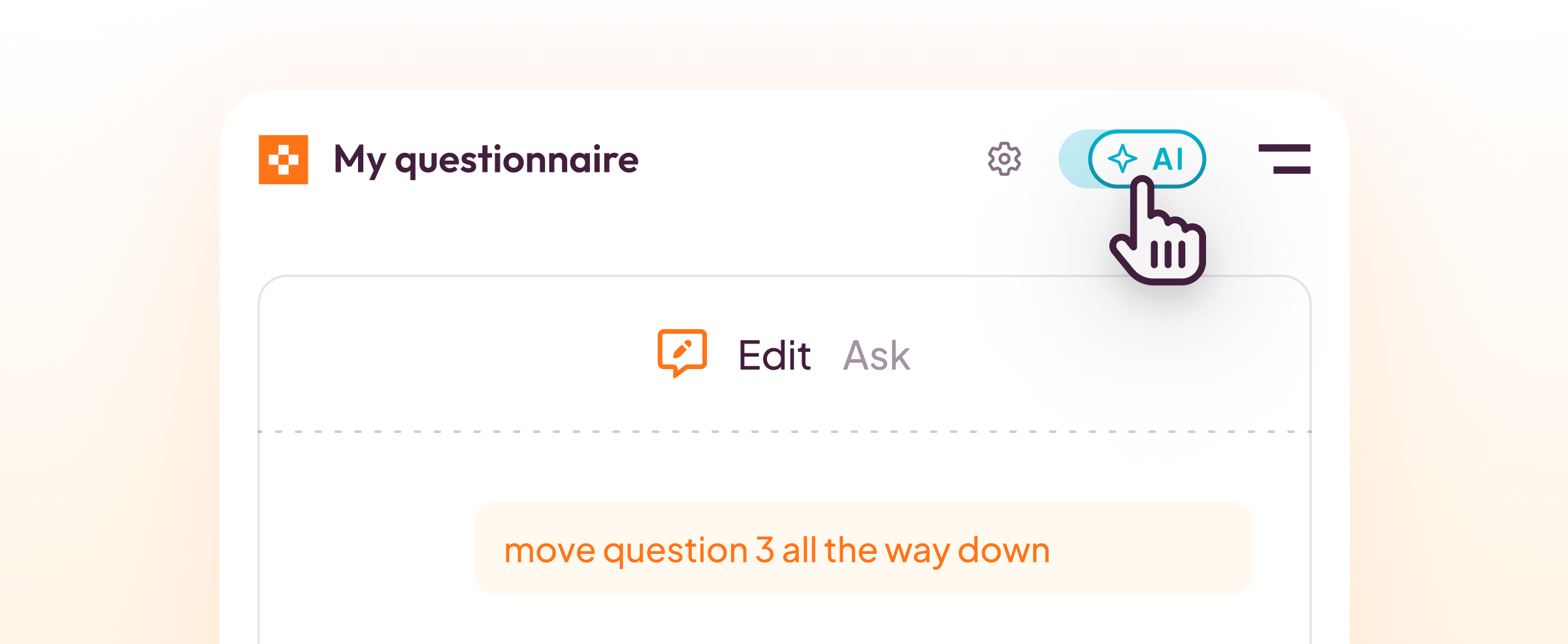 Pointerpro questionnaire editor with the AI assistant open, mid-way through the instruction “move question 3 all the way down”